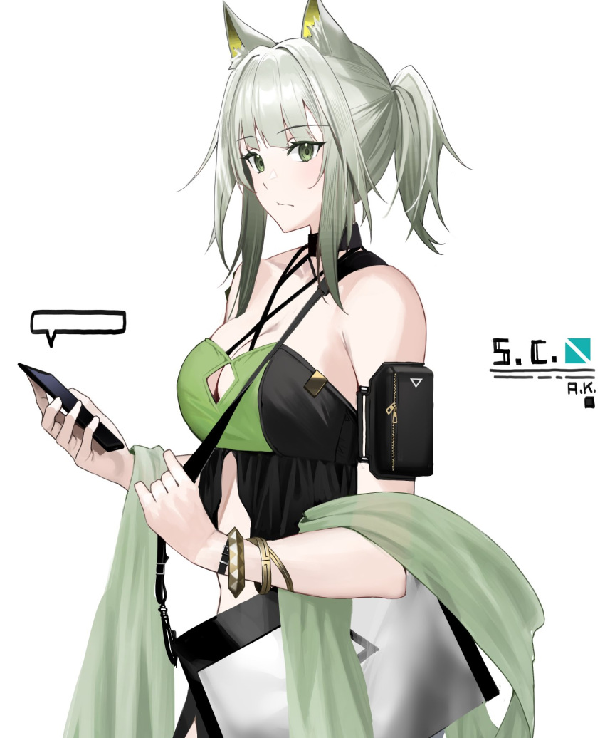 1girl animal_ear_fluff animal_ears arknights blush bow bow_bra bra breasts cat_ears closed_mouth dress green_dress green_eyes highres holding kal'tsit_(arknights) large_breasts long_hair raitho short_hair simple_background solo standing swimsuit swimsuit_skirt underwear white_background white_hair
