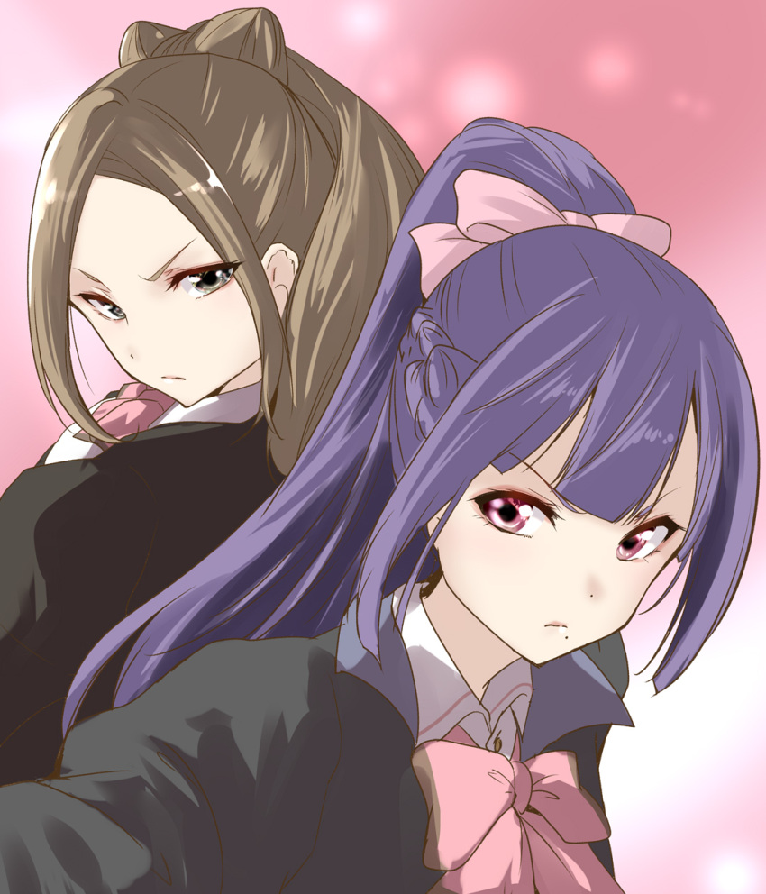 2girls assault_lily back-to-back bangs black_jacket blunt_bangs bow bowtie braid brown_eyes brown_hair buttons closed_mouth collared_shirt commentary_request cone_hair_bun double_bun fukuyama_jeanne_sachie gradient gradient_background hair_bow hair_bun half_updo hand_up highres ichinomiya_michaela_himari jacket juliet_sleeves long_hair long_sleeves looking_at_viewer looking_back mole mole_under_mouth multiple_girls outstretched_arm parted_bangs pink_bow pink_bowtie pink_eyes ponytail puffy_sleeves purple_hair red_background school_uniform shirt sidelocks upper_body urutsu_sahari v-shaped_eyebrows white_background white_shirt
