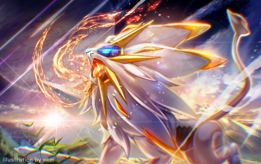 artist_name blue_eyes chromatic_aberration commentary_request ekm eye_trail fire glowing glowing_eyes no_humans outdoors pokemon pokemon_(creature) solgaleo solo standing watermark