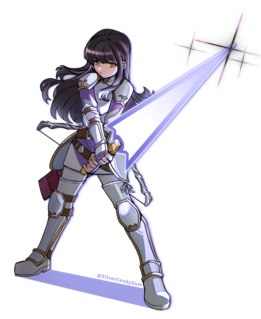 1girl absurdres armor astrid_(fire_emblem) bangs black_hair boots bow_(weapon) breastplate fire_emblem fire_emblem:_path_of_radiance full_body greaves highres holding holding_sword holding_weapon long_hair looking_at_viewer orange_eyes pauldrons shoulder_armor silvercandy_gum simple_background solo standing sword weapon white_background white_footwear