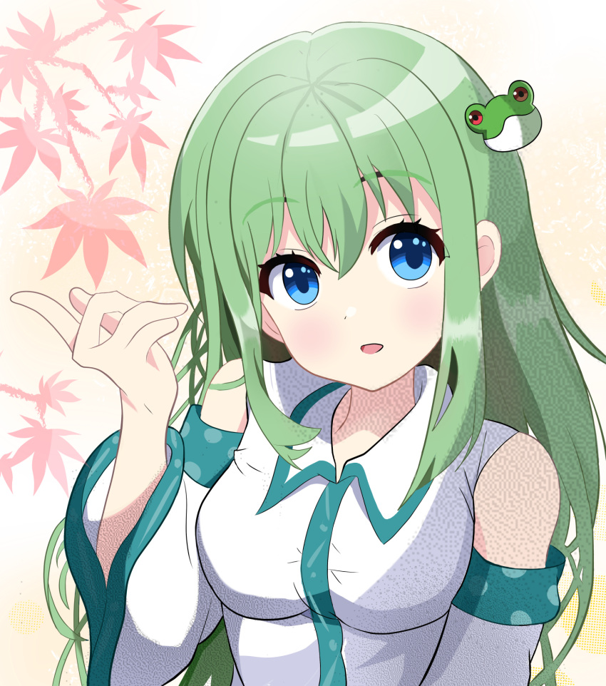 1girl aika4472 bangs bare_shoulders blue_eyes breasts detached_sleeves frog_hair_ornament green_hair hair_ornament highres kochiya_sanae large_breasts leaf long_hair looking_at_viewer maple_leaf open_mouth sidelocks solo touhou upper_body wide_sleeves yellow_background
