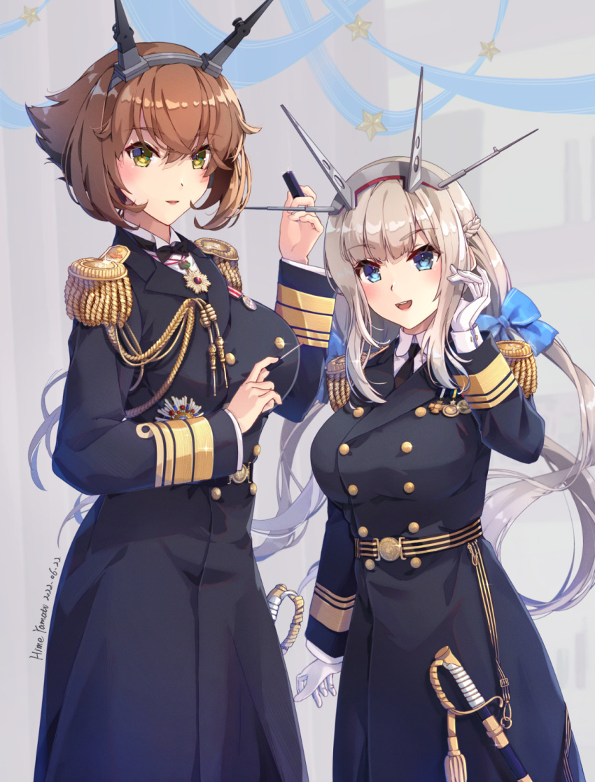 2girls aiguillette alternate_costume black_coat blue_bow blue_eyes bow breasts brown_hair coat epaulettes flipped_hair gloves green_eyes hair_bow hairband headgear highres himeyamato kantai_collection large_breasts light_brown_hair long_hair long_sleeves low_twintails maryland_(kancolle) medal military military_uniform multiple_girls mutsu_(kancolle) radio_antenna short_hair sidelocks twintails uniform white_gloves