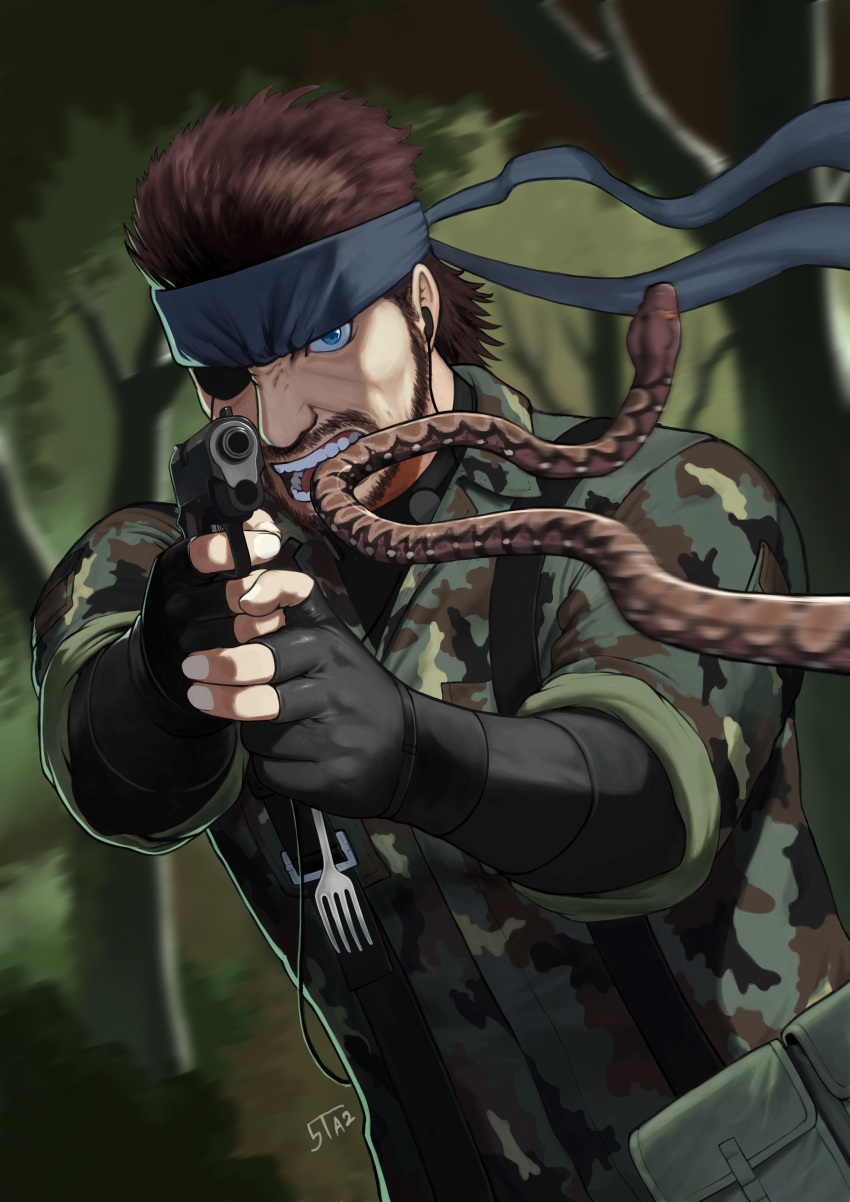 1boy 5tatsu absurdres aiming_at_viewer bandana beard belt_pouch big_boss black_bandana black_gloves blue_eyes blurry blurry_background brown_hair camouflage earphones earphones eyepatch facial_hair fingerless_gloves fingernails fork gloves gun handgun highres holding holding_fork holding_gun holding_weapon male_focus metal_gear_(series) metal_gear_solid_3 military_operator motion_blur mouth_hold naked_snake nose one-eyed pistol pouch short_hair sleeves_rolled_up snake solo suspenders trigger_discipline weapon