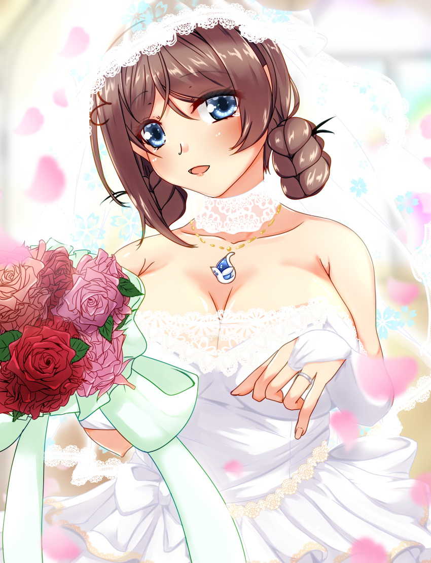 1girl absurdres blue_eyes bouquet braid breasts bridal_gauntlets bridal_veil bride brown_hair chougei_(kancolle) dress elbow_gloves flower gloves hair_rings highres holding holding_bouquet jewelry kantai_collection large_breasts long_hair necklace pink_flower red_flower ring shigatsu_(soratobuusagi) solo strapless strapless_dress twin_braids upper_body veil wedding_band wedding_dress white_dress white_gloves