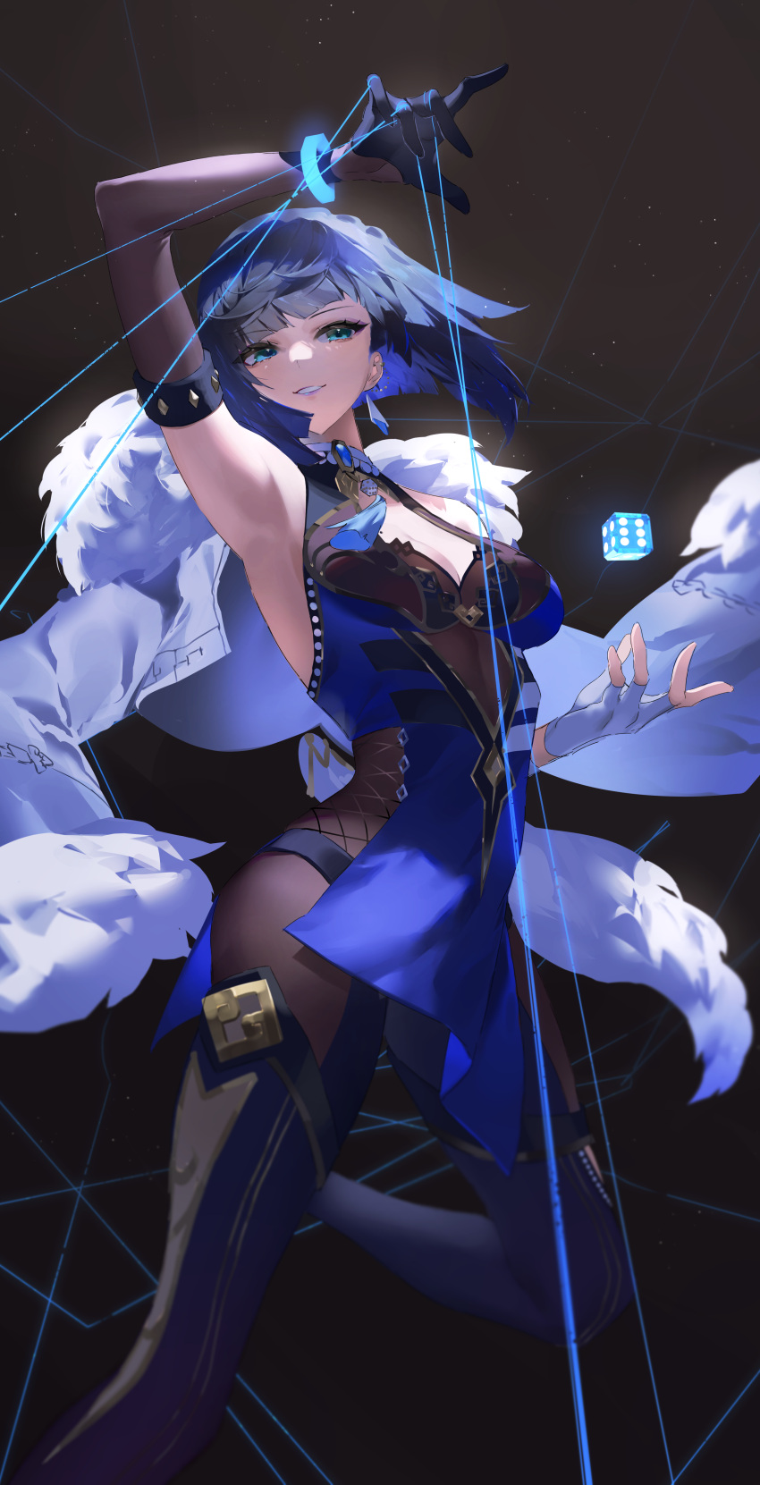 1girl absurdres armpits asymmetrical_gloves bangs bob_cut breasts dark_blue_hair diagonal_bangs dice elbow_gloves feather-trimmed_jacket feather_collar fur-trimmed_jacket fur_trim genshin_impact gloves highres ichibi jacket jacket_on_shoulders jewelry mismatched_gloves mole mole_on_breast neck_ring neck_tassel pants parted_lips short_hair single_elbow_glove smile solo tassel tassel_choker tight tight_pants waist_cutout white_jacket yelan_(genshin_impact)