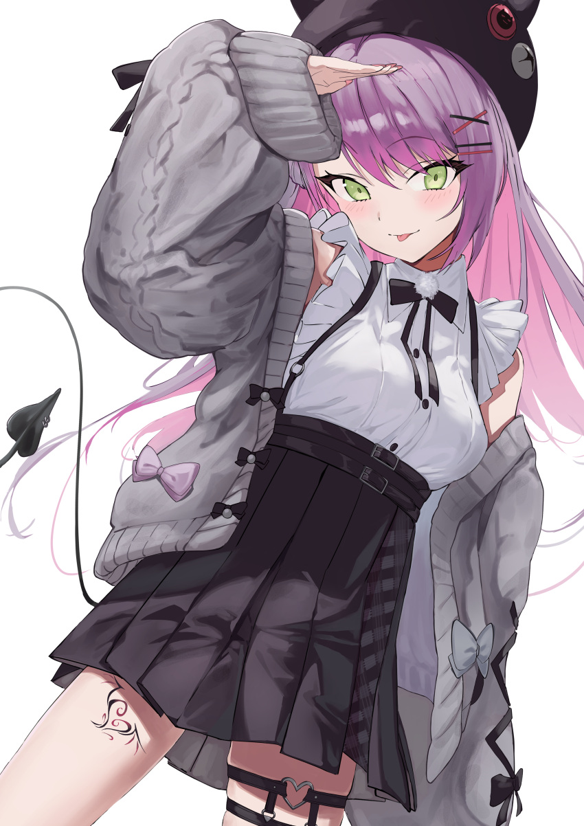 1girl :p absurdres arm_up badge bangs belt blush bow button_badge cardigan collared_shirt demon_tail frills green_eyes hair_ornament hairclip hat_ornament heart_o-ring highres hololive horned_hat layered_skirt leg_tattoo long_hair looking_at_viewer multiple_belts nail_polish neck_ribbon off_shoulder piercing plaid plaid_skirt pleated_skirt polarbear_4869 pom_pom_(clothes) purple_hair ribbon salute shirt shirt_tucked_in skindentation skirt sleeve_ribbon sleeveless sleeveless_shirt sleeves_past_wrists smile solo suspender_skirt suspenders tail tail_ornament tail_piercing tattoo thigh_strap tokoyami_towa tongue tongue_out underbust very_long_hair virtual_youtuber x_hair_ornament