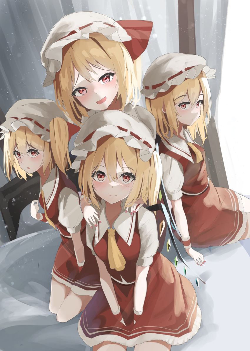 258n 4girls absurdres ascot blonde_hair clone closed_mouth flandre_scarlet four_of_a_kind_(touhou) hat hat_ribbon highres looking_at_viewer mob_cap multiple_girls on_bed one_side_up open_mouth red_eyes red_ribbon red_skirt red_vest ribbon shirt short_sleeves sitting skirt smile touhou vest white_headwear white_shirt yellow_ascot