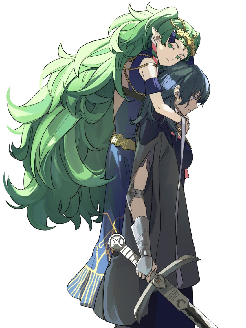 2girls armlet arms_around_neck blue_eyes blue_hair breasts byleth_(fire_emblem) byleth_eisner_(female) capelet clothing_cutout dress fire_emblem fire_emblem:_three_houses green_eyes green_hair highres large_breasts long_hair looking_ahead looking_at_viewer multiple_girls shishima_eichi simple_background sothis_(fire_emblem) sword tiara very_long_hair weapon white_background