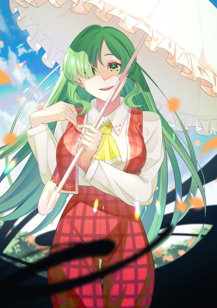 1girl absurdres ascot clouds cloudy_sky collared_shirt cowboy_shot day green_eyes green_hair guumin hair_over_one_eye head_tilt highres holding holding_umbrella kazami_yuuka kazami_yuuka_(pc-98) long_hair long_sleeves looking_at_viewer open_clothes open_mouth open_vest outdoors pants parasol red_pants red_vest shirt sky touhou touhou_(pc-98) umbrella very_long_hair vest white_shirt white_umbrella yellow_ascot