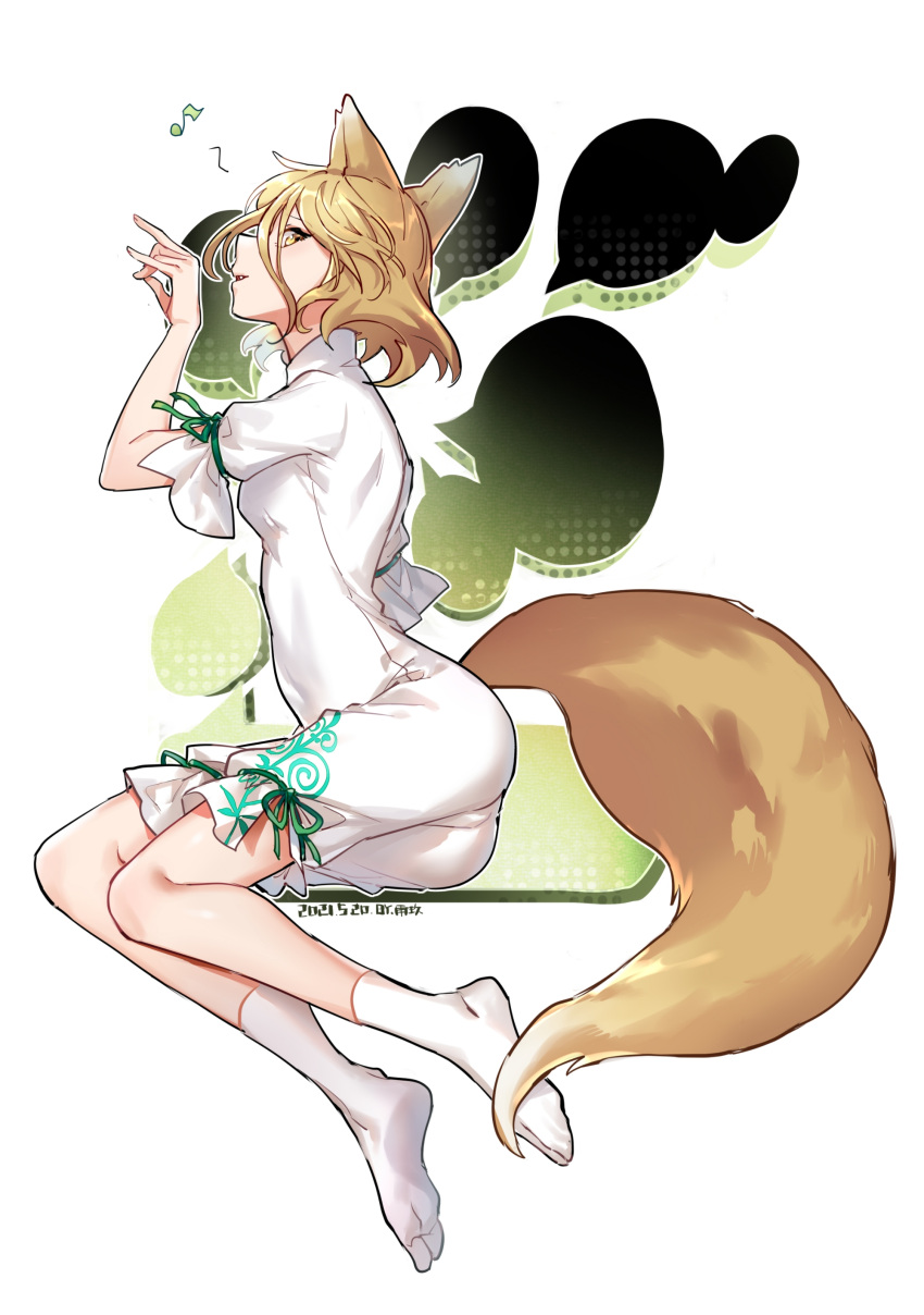 1girl absurdres animal_ears brown_eyes dated eighth_note fox_ears fox_girl fox_shadow_puppet fox_tail from_side full_body green_ribbon highres kudamaki_tsukasa light_brown_hair musical_note no_shoes open_mouth profile ribbon romper short_hair simple_background socks solo spoken_musical_note tail touhou white_background white_legwear yujiu