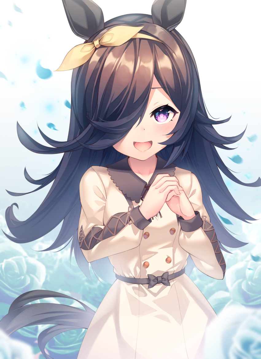 1girl alternate_costume animal_ears black_hair blush breasts casual collarbone commentary_request floral_background hair_ornament hair_over_one_eye highres horse_ears kena_(user_80128818) looking_at_viewer open_mouth own_hands_clasped own_hands_together rice_shower_(umamusume) simple_background small_breasts solo umamusume violet_eyes