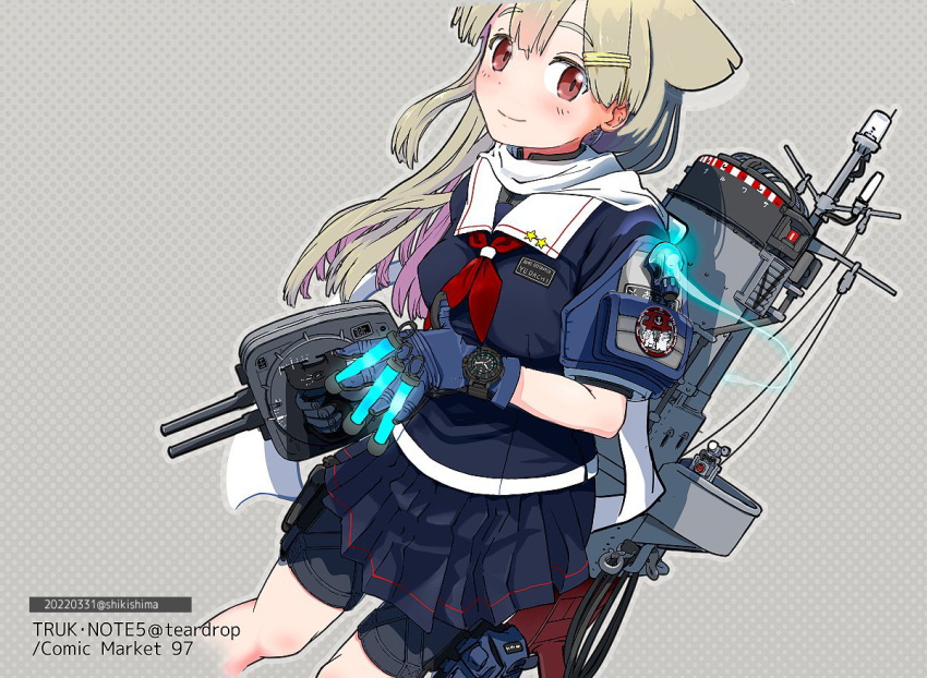 1girl adapted_turret badge black_ribbon black_serafuku black_skirt blonde_hair cannon gloves hair_flaps hair_ornament hair_ribbon hairclip kantai_collection long_hair machinery neckerchief pleated_skirt red_eyes red_neckerchief ribbon sailor_collar scarf school_uniform serafuku shikishima_fugen skirt solo turret watch watch white_sailor_collar white_scarf yuudachi_(kancolle)