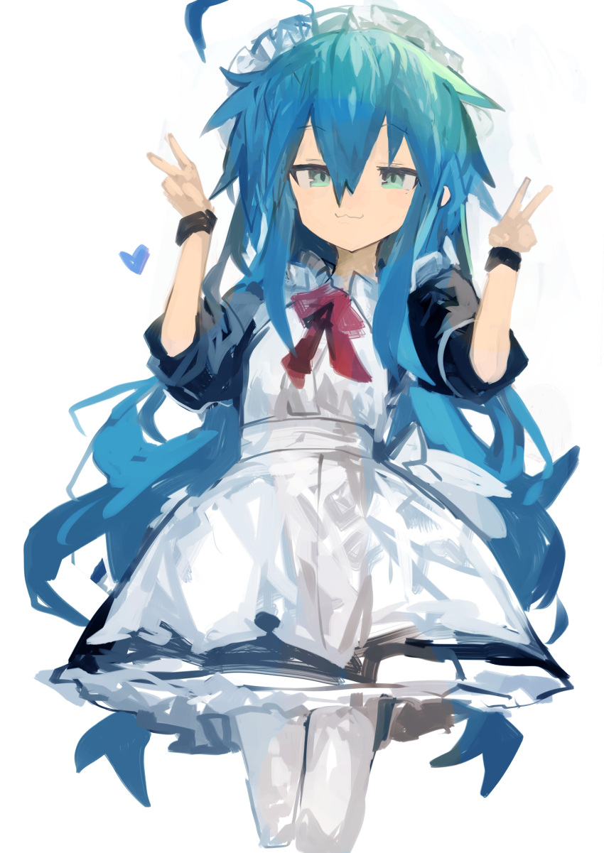 1girl :3 absurdres ahoge bangs blue_eyes blue_hair closed_mouth double_v hair_between_eyes heart highres izumi_konata kaamin_(mariarose753) long_hair long_sleeves lucky_star maid maid_headdress simple_background smile solo standing v white_background wristband