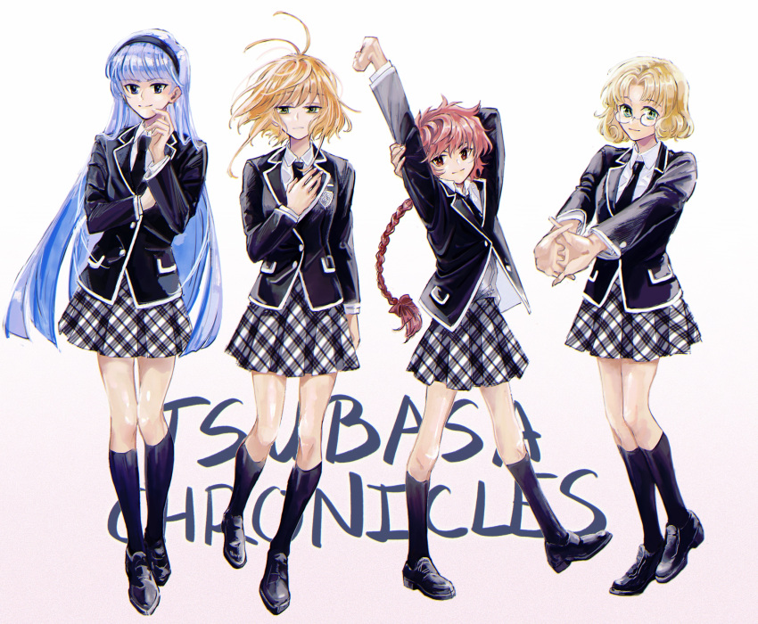 4girls alternate_costume arm_behind_head arm_up black_eyes black_footwear black_hairband black_jacket black_kneehighs black_legwear black_necktie blonde_hair blue_hair braid braided_ponytail closed_mouth collared_shirt copyright_name crossover dress_shirt full_body glasses green_eyes hairband hand_on_own_chest highres hououji_fuu jacket karen_le_cao kneehighs long_hair long_sleeves magic_knight_rayearth medium_hair miniskirt multiple_girls necktie parted_bangs pink_hair plaid plaid_skirt pleated_skirt ponytail red_eyes ryuuzaki_umi sakura_hime school_uniform shidou_hikaru shiny shiny_hair shirt shoes single_braid skirt smile standing stretch tsubasa_chronicle very_long_hair white_shirt wing_collar