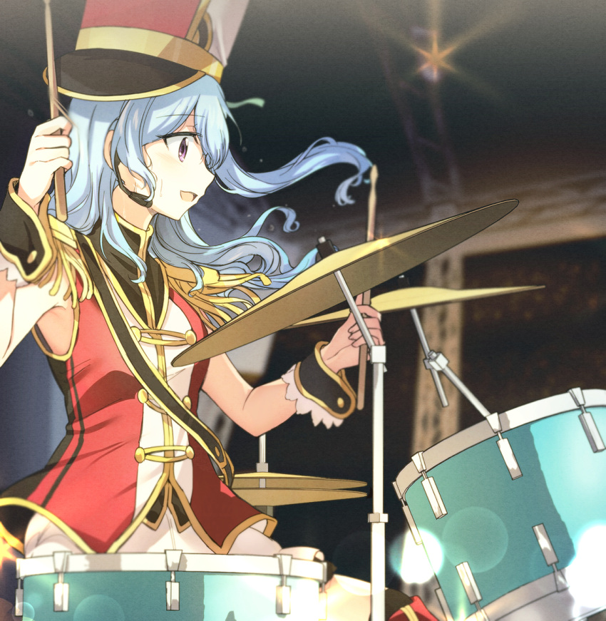 1girl aoiro_050 armor bang_dream! blue_hair blurry depth_of_field drum drum_set drumming drumsticks hat highres indoors instrument long_hair matsubara_kanon music open_mouth pauldrons playing_instrument profile shoulder_armor side_ponytail solo sweat upper_body violet_eyes wrist_cuffs