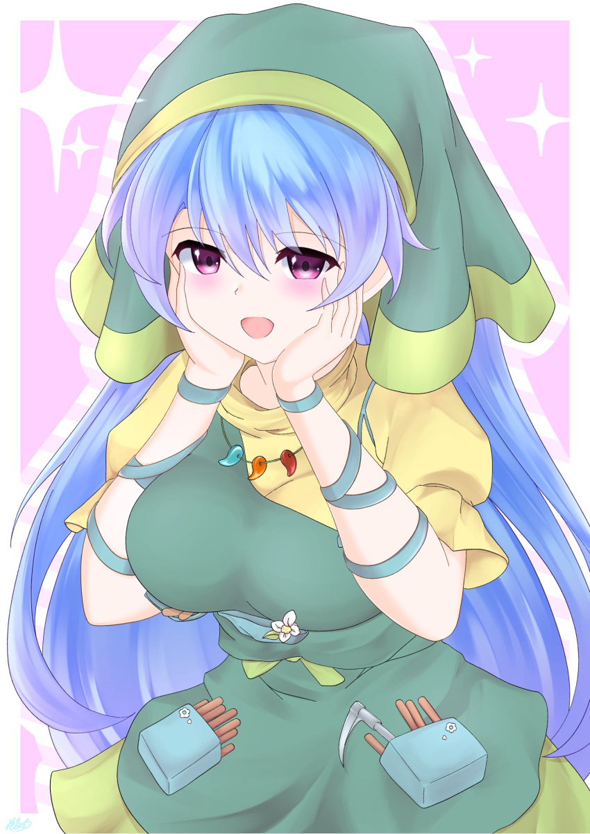 1girl apron arm_ribbon bangs blue_hair blue_ribbon blush bow breasts brush dress eyes_visible_through_hair floral_print flower green_apron green_bow green_headwear green_scarf hair_between_eyes hands_on_own_face hands_up haniyasushin_keiki head_scarf highres jewelry large_breasts leaf long_hair looking_to_the_side magatama mishihura393 necklace open_mouth pink_background pink_eyes pocket puffy_short_sleeves puffy_sleeves ribbon scarf shadow short_sleeves signature smile solo sparkle standing star_(symbol) striped striped_background tools touhou white_background white_flower yellow_dress