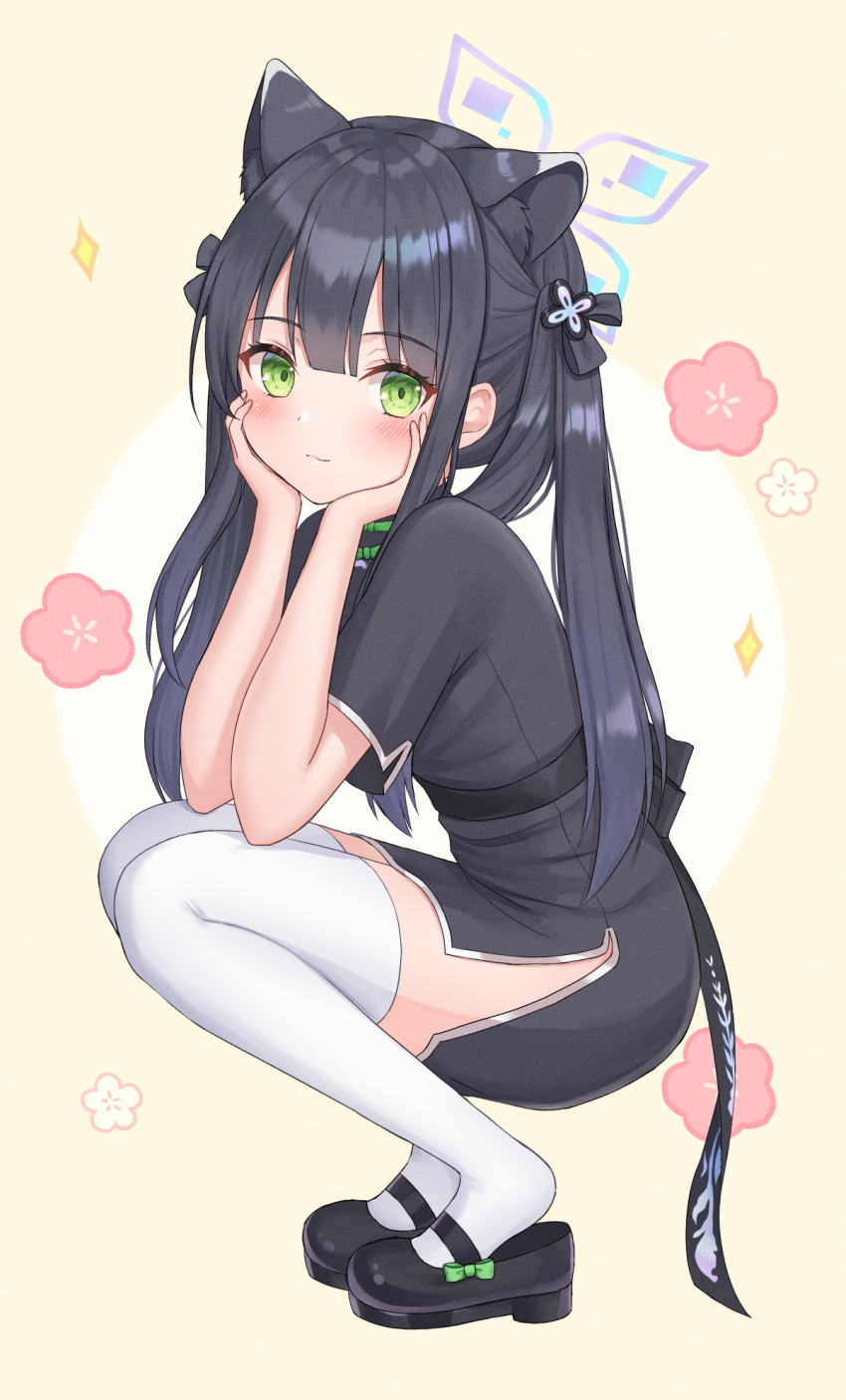 1girl animal_ear_fluff animal_ears black_dress black_hair blue_archive blush china_dress chinese_clothes dress green_eyes highres long_hair looking_at_viewer seungju_lee shun_(blue_archive) shun_(small)_(blue_archive) simple_background smile solo twintails white_background
