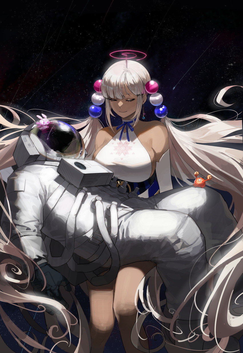 1girl absurdres astronaut breasts carrying carrying_person closed_eyes comet dark-skinned_female dark_skin earrings elbow_gloves gloves highres hololive hololive_english japanese_clothes jewelry kaniko_(tsukumo_sana) large_breasts limiter_(tsukumo_sana) long_hair maenoo single_earring smile space spacesuit tsukumo_sana usaslug_(tsukumo_sana) very_long_hair virtual_youtuber