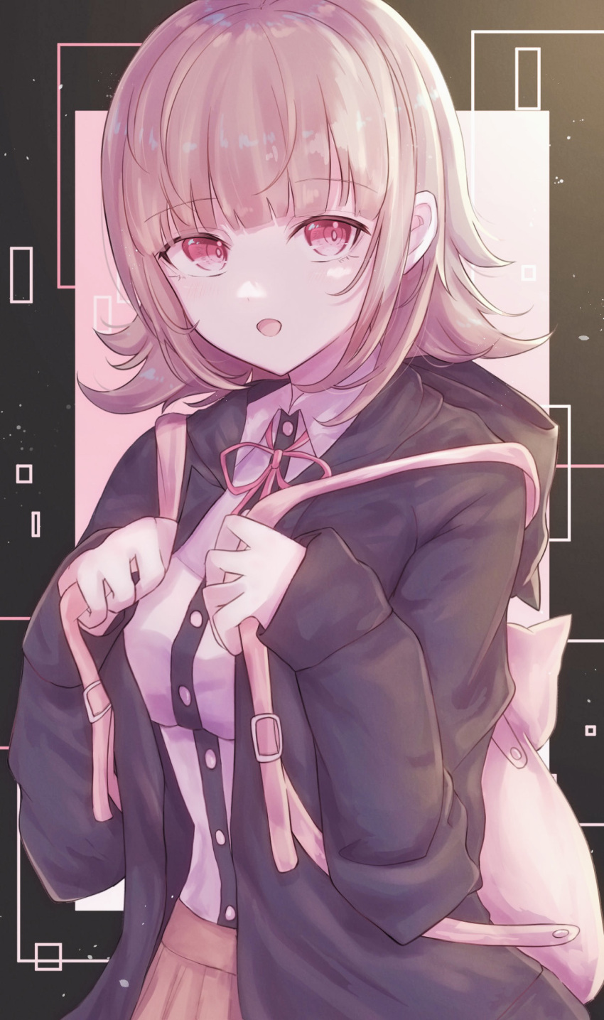 1girl :o backpack bag bangs black_shirt blunt_bangs breasts brown_background brown_hair brown_skirt danganronpa_(series) danganronpa_2:_goodbye_despair dress_shirt flipped_hair grey_background grey_shirt hair_ornament highres holding_strap hood hood_down large_breasts medium_hair nanami_chiaki neko_panchi_suzuki no_hair_ornament pink_eyes pleated_skirt shiny shiny_hair shirt shirt_tucked_in skirt solo