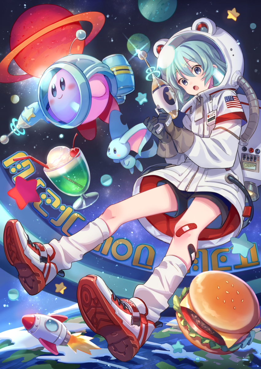 1girl :o absurdres american_flag animal_ears astronaut bandaid bandaid_on_knee bandaid_on_leg bangs bear_ears blue_eyes blush burger character_request cherry coat cup drinking_glass drinking_straw earth_(planet) energy_gun fake_animal_ears fire floating food from_below fruit gloves glowing green_hair highres ice_cream ice_cream_float jetpack kirby long_sleeves looking_at_viewer loose_socks melon_soda original planet ray_gun saturn_(planet) shoes short_hair shorts sneakers space space_helmet spacecraft spacesuit sparkle star_(sky) star_(symbol) weapon work_gloves zipper_pull_tab zoff_(daria)