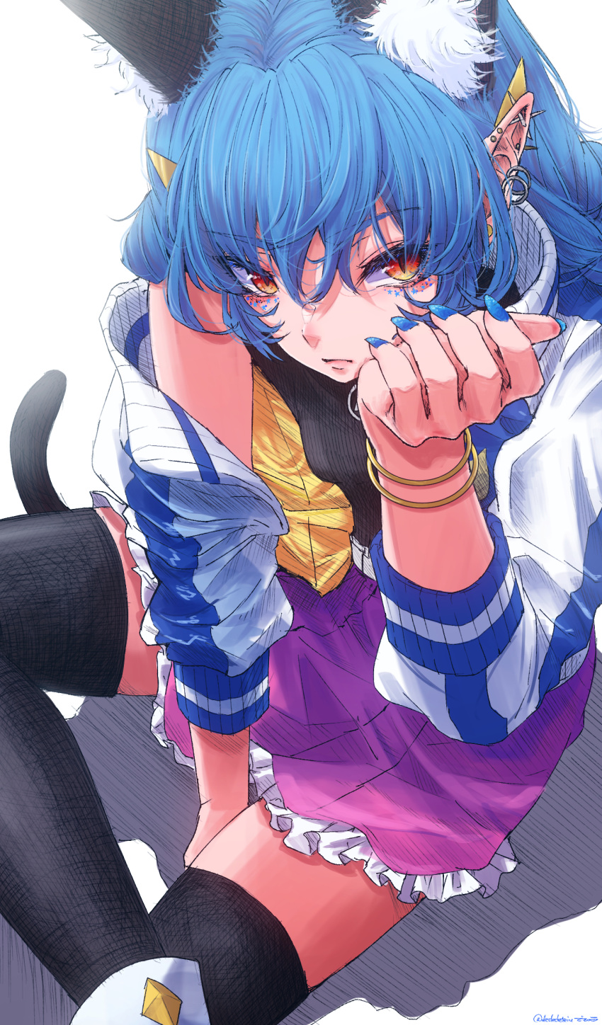 1girl animal_ear_fluff animal_ears bangs between_legs black_legwear black_shirt blue_hair blue_nails cat_ears cat_girl closed_mouth dededeteiu ear_piercing earrings frilled_skirt frills hair_between_eyes hand_between_legs highres jacket jewelry long_hair long_sleeves miniskirt nail_polish open_clothes open_jacket orange_eyes piercing pink_skirt pleated_skirt pointy_ears precure shirt sitting sketch skirt sleeveless sleeveless_shirt slit_pupils solo star_twinkle_precure thigh-highs twitter_username white_background white_jacket yuni_(precure) zettai_ryouiki