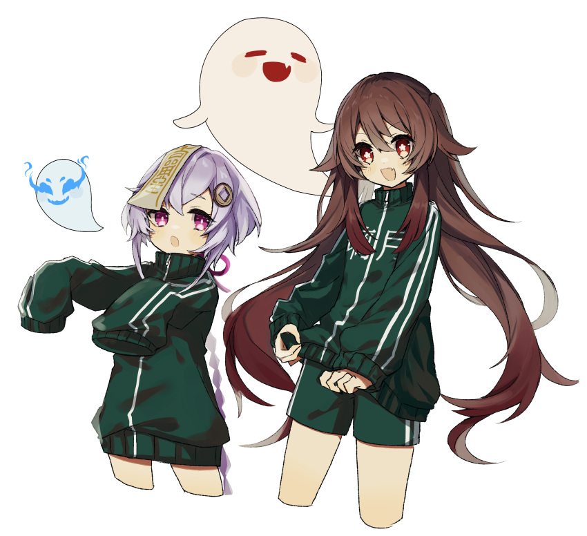 1225ka 2girls :d brown_hair coin_hair_ornament colored_tips commentary_request cropped_legs fang flower-shaped_pupils genshin_impact green_jacket green_shorts hair_between_eyes hair_ornament highres hitodama hu_tao_(genshin_impact) jacket jiangshi long_hair long_sleeves looking_at_viewer multicolored_hair multiple_girls ofuda open_mouth purple_hair qiqi_(genshin_impact) short_hair shorts sidelocks simple_background skin_fang sleeves_past_fingers sleeves_past_wrists smile squid_game symbol-shaped_pupils track_jacket violet_eyes white_background