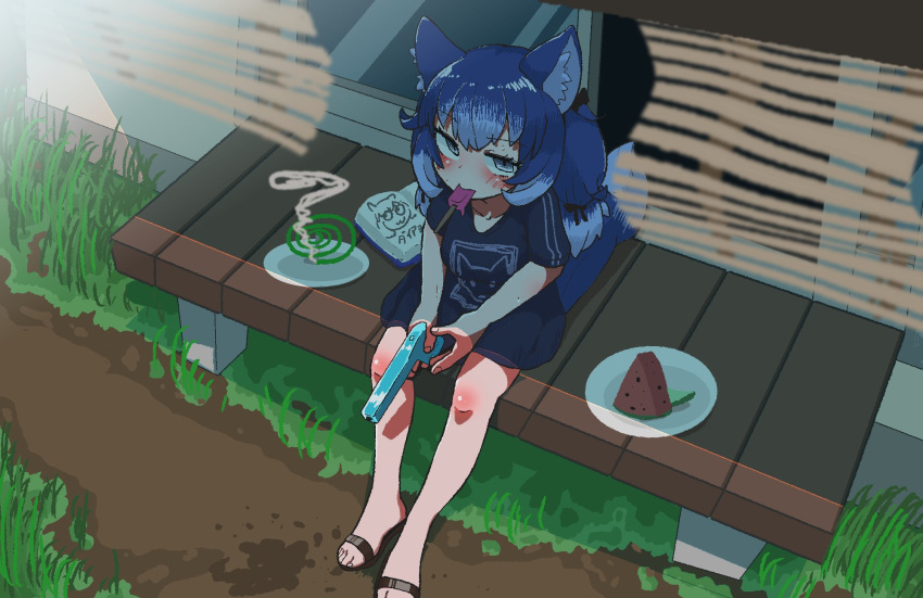 1girl animal_costume animal_ear_fluff animal_ears blue_hair dire_wolf_(kemono_friends) food fruit grey_eyes highres ice_cream kemono_friends kemono_friends_v_project long_hair looking_at_viewer onaji_(sokudo_seigen) ribbon sandals shirt solo summer tail virtual_youtuber water_gun watermelon wolf_costume wolf_ears wolf_girl wolf_tail