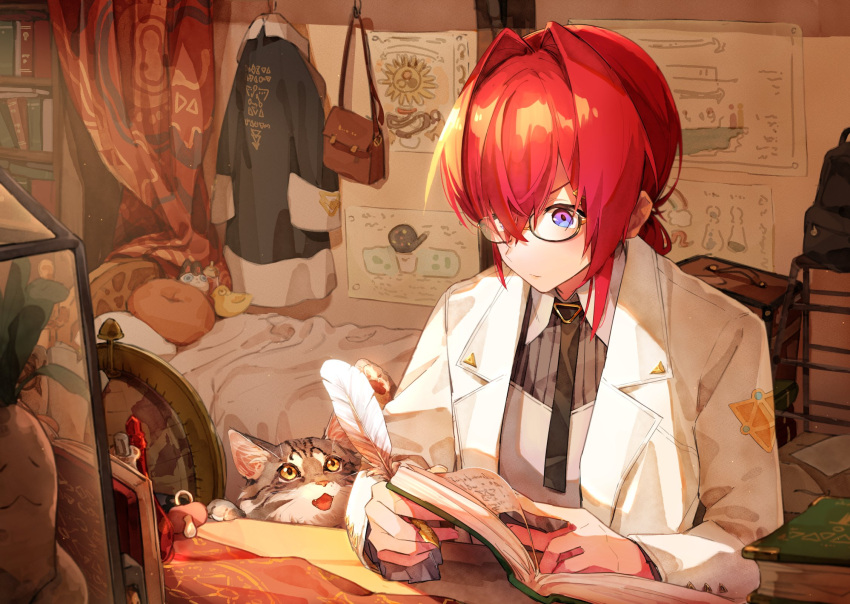 1girl ange_katrina bag bangs bed book bookshelf cat closed_mouth feathers hair_between_eyes hair_intakes highres holding holding_book holding_feather indoors jacket long_sleeves looking_away nijisanji open_book open_clothes open_jacket pacifier redhead rinderon0722 sebastian_piyodore short_hair shoulder_bag solo stuffed_animal stuffed_bird stuffed_dog stuffed_toy violet_eyes virtual_youtuber white_jacket