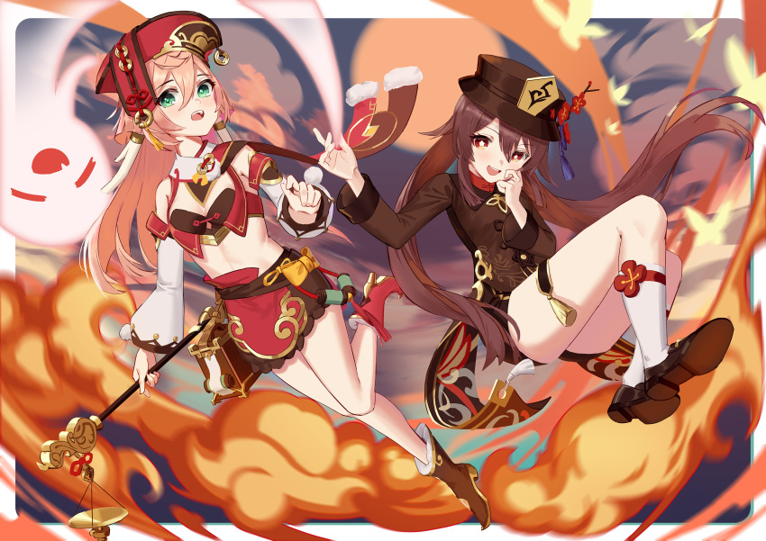2girls antlers bare_shoulders black_shorts blush brown_hair cavcaz chinese_clothes coat coattails eyes_visible_through_hair flower flower-shaped_pupils full_body genshin_impact ghost green_eyes hat highres hu_tao_(genshin_impact) looking_at_viewer multiple_girls open_mouth pink_hair plum_blossoms porkpie_hat red_eyes shorts symbol-shaped_pupils top_hat twintails yanfei_(genshin_impact)