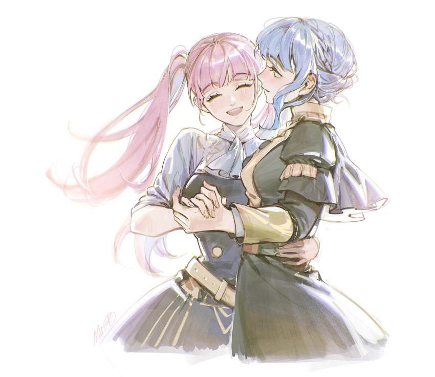 2girls alzi_xiaomi arm_around_waist bangs belt blue_hair blunt_bangs breasts closed_eyes duplicate fire_emblem fire_emblem:_three_houses garreg_mach_monastery_uniform highres hilda_valentine_goneril holding_hands long_sleeves looking_at_another marianne_von_edmund multiple_girls open_mouth pink_hair pixel-perfect_duplicate simple_background smile teeth tongue twintails watermark white_background yuri