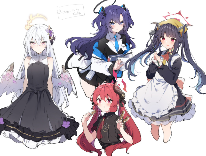 4girls :d :t apron ascot bare_shoulders black_dress black_hair black_jacket black_shirt black_skirt blue_archive blue_skirt blush book character_request closed_mouth colored_inner_hair cropped_legs dango dress eating flower food hair_between_eyes hair_flower hair_ornament halo head_scarf holding holding_book holding_ladle horns ikeuchi_tanuma jacket ladle long_hair long_sleeves looking_at_viewer mechanical_halo miniskirt multicolored_hair multiple_girls necktie off_shoulder open_clothes open_jacket pink_eyes pleated_skirt purple_hair red_ascot red_eyes red_necktie redhead shirt short_sleeves simple_background skirt sleeveless sleeveless_dress smile standing twintails two_side_up very_long_hair violet_eyes wagashi white_apron white_background white_hair wings