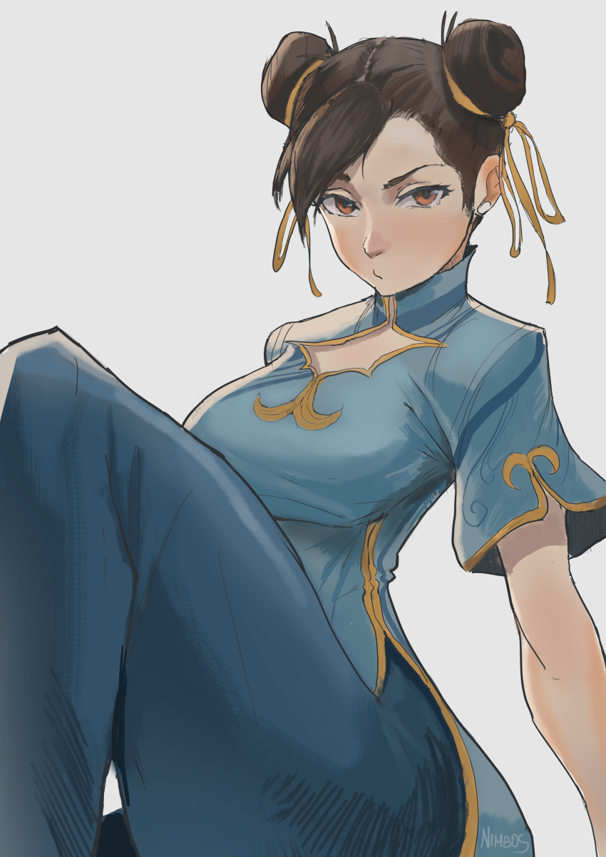 1girl :t absurdres bangs blue_dress blue_pants breasts brown_eyes brown_hair china_dress chinese_clothes chun-li cleavage_cutout clothing_cutout double_bun dress ear_piercing hair_bun hair_ribbon highres knee_up leggings light_blush looking_at_viewer medium_breasts out_of_frame pants piercing pout ribbon short_sleeves signature simple_background solo street_fighter street_fighter_6 user_dwun5822 white_background yellow_ribbon