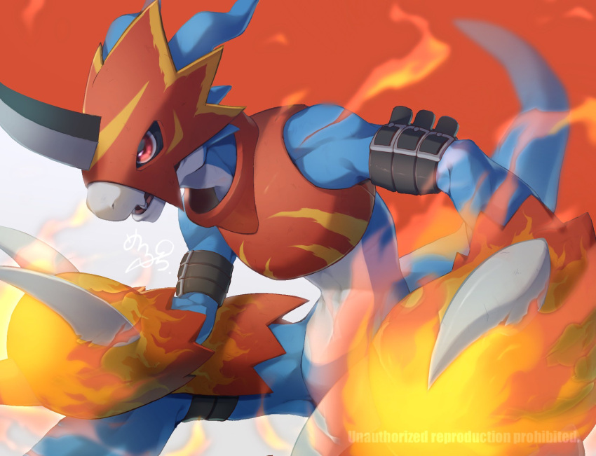 1boy armor bare_shoulders blue_skin claws colored_skin digimon digimon_(creature) digimon_adventure_02 fangs fire fladramon grey_background helmet highres horns maplo open_mouth red_background red_eyes signature single_horn solo tail watermark white_skin