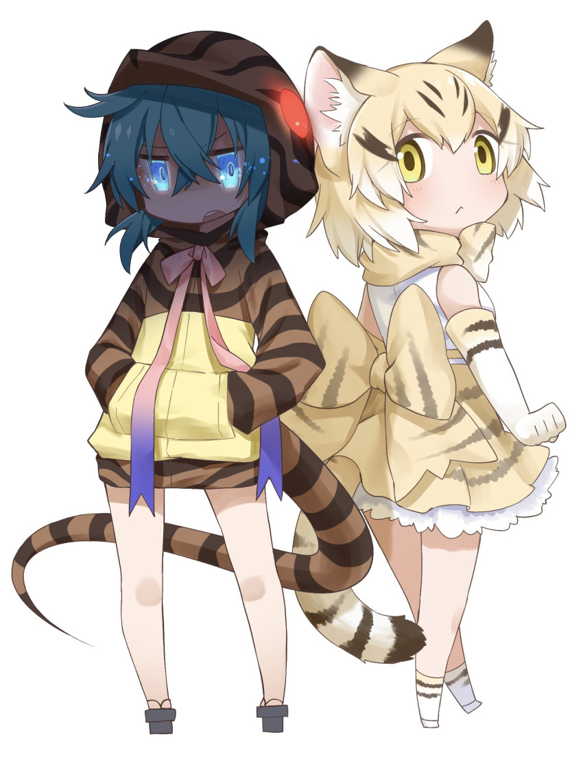 2girls animal_ears back_bow blonde_hair blue_eyes blue_hair bow bowtie brown_hair cat_ears cat_girl cat_tail elbow_gloves frilled_skirt frills geta gloves glowing glowing_eyes hands_in_pockets high-waist_skirt highres hood hood_up hoodie isobee kemono_friends long_sleeves looking_back multicolored_hair multiple_girls pink_bow pink_bowtie print_bow print_gloves print_hoodie print_legwear print_skirt sand_cat_(kemono_friends) sand_cat_print shirt short_hair skirt snake_print snake_tail socks tail tengu-geta tsuchinoko_(kemono_friends) white_shirt yellow_eyes yellow_gloves yellow_skirt