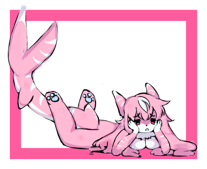 absurdres animal_hands black_eyes fish_tail furry ghwost highres kaiju_paradise legs_up long_hair lying on_stomach pink_eyes pink_hair roblox shark shark_girl shark_tail tail white_hair