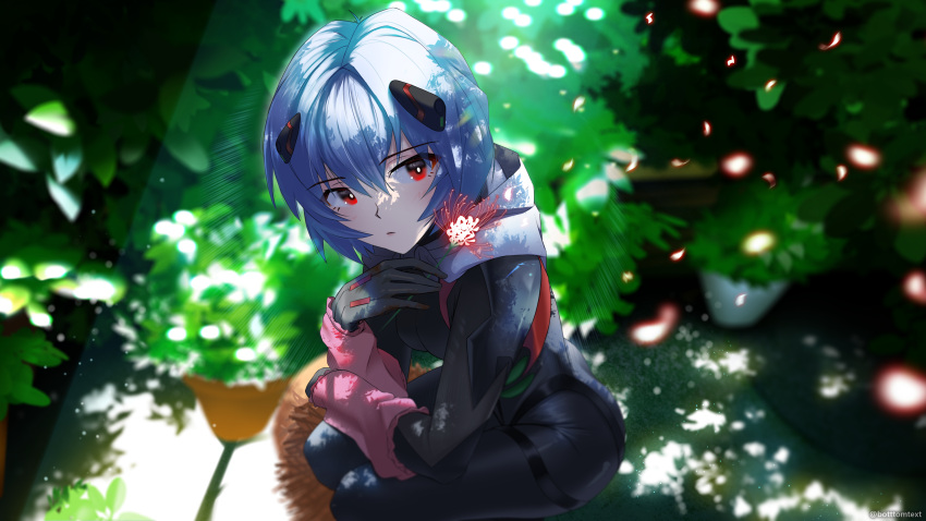 1girl absurdres ayanami_rei black_bodysuit blue_hair blurry blurry_background bodysuit botttomtext closed_mouth commentary day evangelion:_3.0+1.0_thrice_upon_a_time flower hair_between_eyes hairpods hat headwear_removed highres interface_headset light_particles looking_at_viewer neon_genesis_evangelion outdoors plant plugsuit rebuild_of_evangelion red_eyes short_hair solo spider_lily squatting straw_hat
