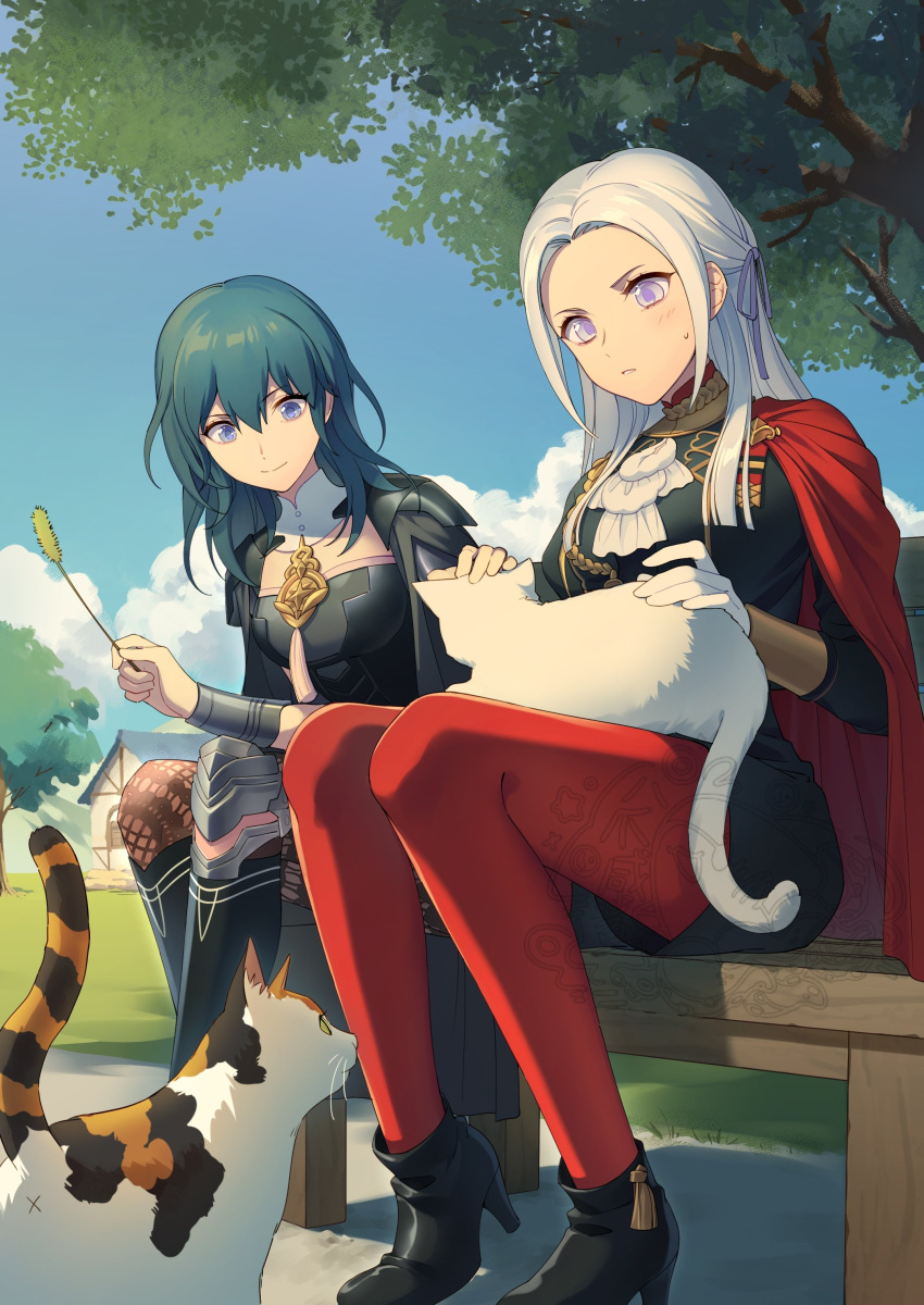 2girls absurdres artist_request bangs blonde_hair blue_eyes blue_hair blush breasts byleth_(fire_emblem) byleth_eisner_(female) cape cat closed_mouth edelgard_von_hresvelg fire_emblem fire_emblem:_three_houses garreg_mach_monastery_uniform gloves hair_between_eyes hair_ornament hair_ribbon highres long_hair long_sleeves medium_hair multiple_girls open_mouth pantyhose red_cape ribbon smile uniform violet_eyes white_hair yuri