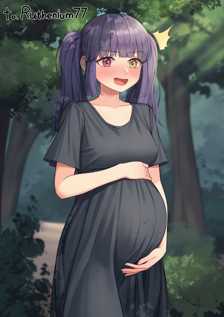 1girl artist_request black_dress blush character_request heterochromia long_hair pregnant purple_hair shirt smile solo tagme twintails