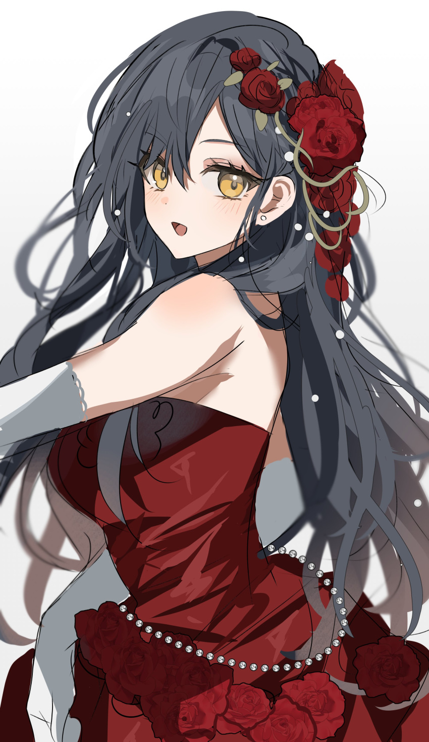 1girl :d absurdres bare_shoulders black_hair blush breasts chu_yeon commentary dress dress_flower earrings elbow_gloves flower from_side gem gloves hair_flower hair_ornament highres jewelry large_breasts long_hair looking_at_viewer open_mouth pearl_(gemstone) pearl_earrings pearl_hair_ornament project_sekai red_dress red_flower red_rose rose shiraishi_an smile solo strapless strapless_dress very_long_hair white_gloves yellow_eyes