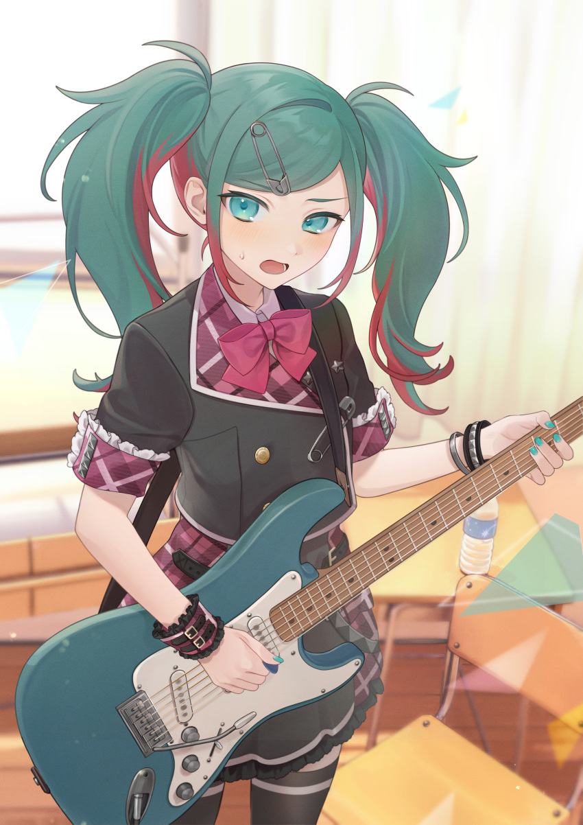 1girl absurdres belt blue_eyes blush bottle bow bowtie buttons double-breasted electric_guitar fender_stratocaster flustered frills green_eyes green_hair guitar hair_ornament hairclip hatsune_miku highres holding holding_instrument indoors instrument leo/need_(project_sekai) multicolored_hair nail_polish open_mouth pink_hair plaid project_sekai safety_pin school_uniform short_sleeves skirt solo streaked_hair sweat thigh-highs twintails two-tone_hair vocaloid vs0mr water_bottle wrist_cuffs