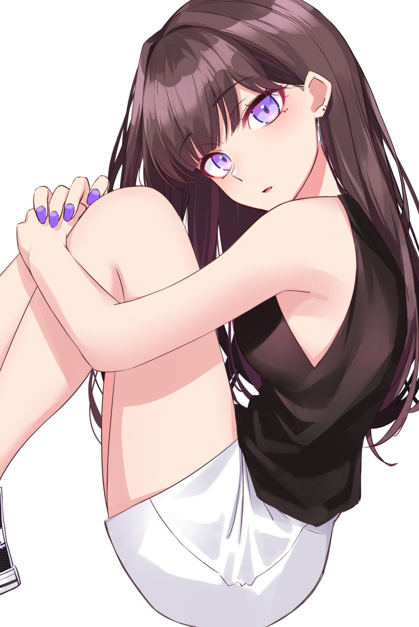 1girl absurdres bangs black_hair commentary from_side highres hugging_own_legs ichiki_1 long_hair looking_at_viewer nail_polish original shorts sitting sleeveless solo violet_eyes white_background