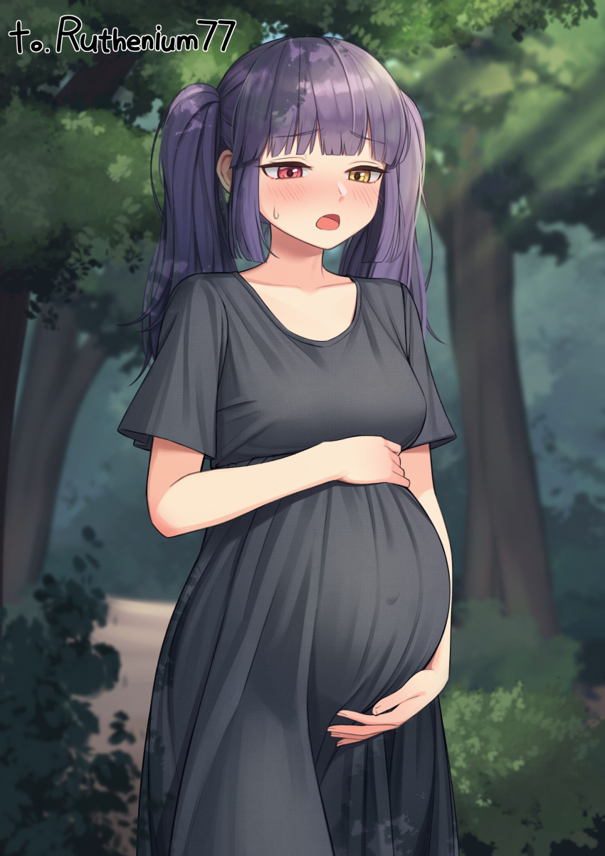 1girl artist_request black_dress blush character_request heterochromia long_hair pregnant purple_hair shirt smile solo tagme twintails