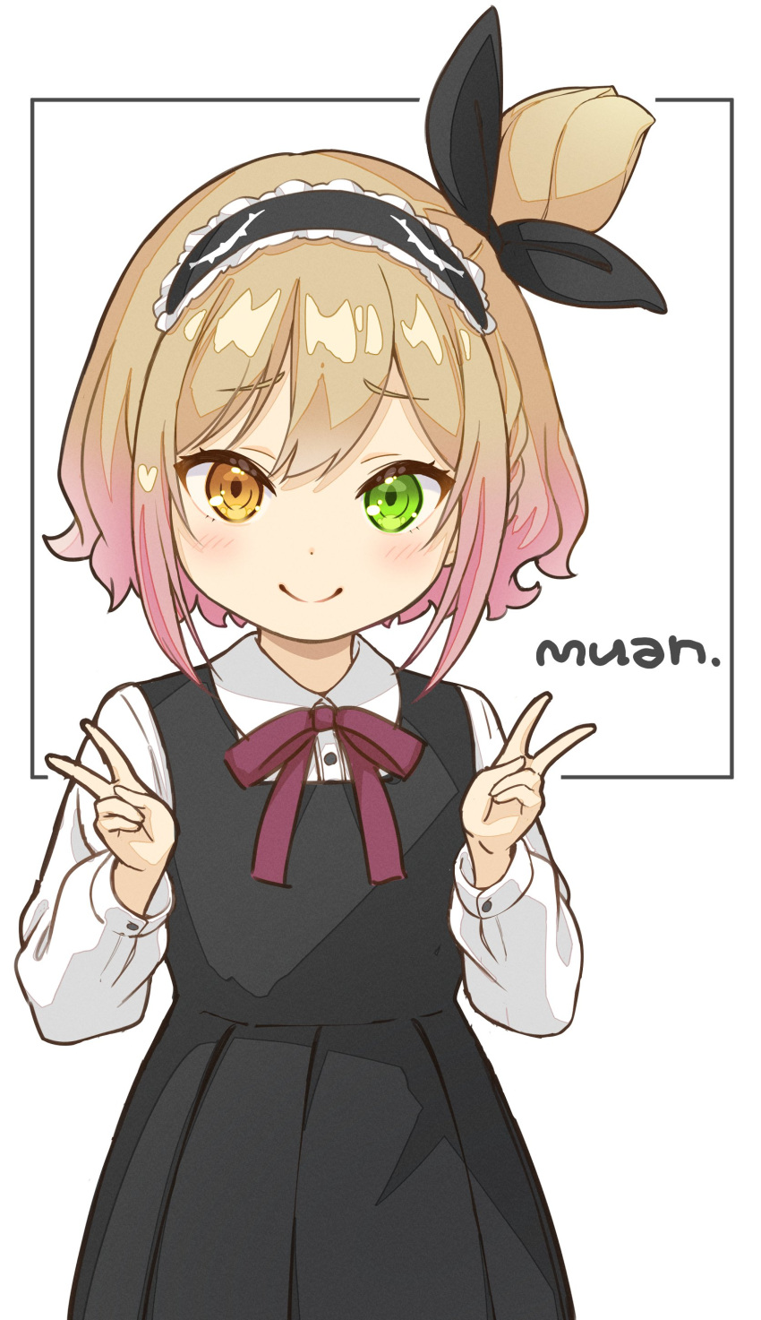 1girl absurdres black_dress black_ribbon bow braid brown_eyes brown_hair character_name closed_mouth collared_shirt commentary_request double_v dress dress_shirt green_eyes hair_bun hair_ribbon hands_up heterochromia highres ibara_muan indie_virtual_youtuber jigatei_(omijin) mask mask_on_head pinafore_dress pleated_dress purple_bow ribbon school_uniform shirt sleep_mask sleeveless sleeveless_dress smile solo v white_background white_shirt