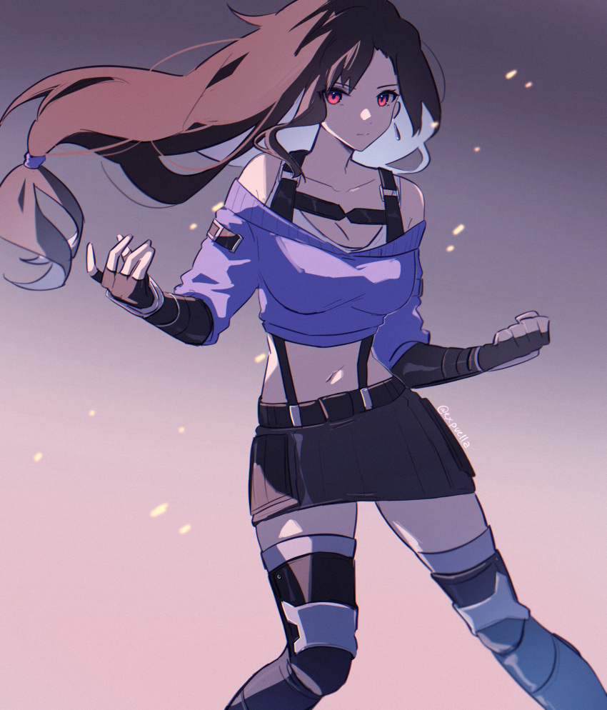 1girl asymmetrical_hair blue_sweater boots breasts brown_hair cropped_sweater earrings embers fighting_stance final_fantasy final_fantasy_vii final_fantasy_vii_ever_crisis final_fantasy_vii_remake fingerless_gloves gloves gradient gradient_background highres jewelry large_breasts long_hair low-tied_long_hair mao_(expuella) midriff navel off_shoulder official_alternate_costume red_eyes shirt skirt solo suspender_skirt suspenders sweater thigh_boots tifa_lockhart upper_body white_shirt