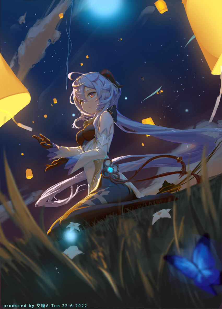 1girl ahoge artist_name aton_(user_kufr5245) bangs bare_shoulders bell black_gloves black_legwear blue_hair bow breasts bug butterfly chinese_knot dated detached_sleeves flower flower_knot ganyu_(genshin_impact) genshin_impact gloves gold_trim grass highres horns lantern long_hair looking_at_another low_ponytail medium_breasts neck_bell night outdoors paper_lantern sidelocks sitting solo tassel thighlet violet_eyes vision_(genshin_impact) wariza white_flower white_sleeves