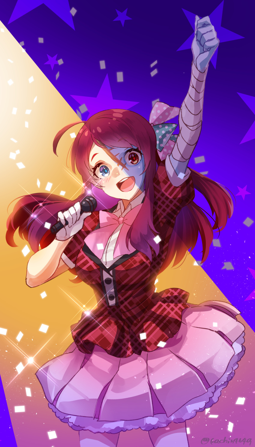 1girl :d absurdres ahoge arm_up bandaged_arm bandages blue_eyes blush bow bowtie breasts frilled_skirt frills glint hair_ribbon hand_up heterochromia highres holding holding_microphone idol kachin large_breasts looking_at_viewer microphone minamoto_sakura multicolored_background open_mouth pink_bow pink_bowtie pink_skirt polka_dot polka_dot_ribbon puffy_short_sleeves puffy_sleeves red_eyes red_shirt redhead ribbon scar scar_on_face shirt short_sleeves skirt smile solo teeth twitter_username upper_teeth zombie_land_saga