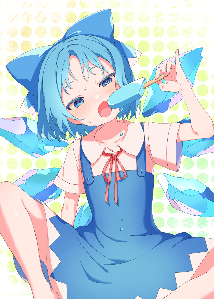 1girl absurdres bangs blue_bow blue_eyes blue_hair blush bow cirno collarbone dress e_sdss flat_chest food hair_bow highres holding holding_food hot ice ice_cream ice_wings neck_ribbon open_mouth pinafore_dress puffy_short_sleeves puffy_sleeves red_ribbon ribbon short_hair short_sleeves solo sweatdrop touhou wings