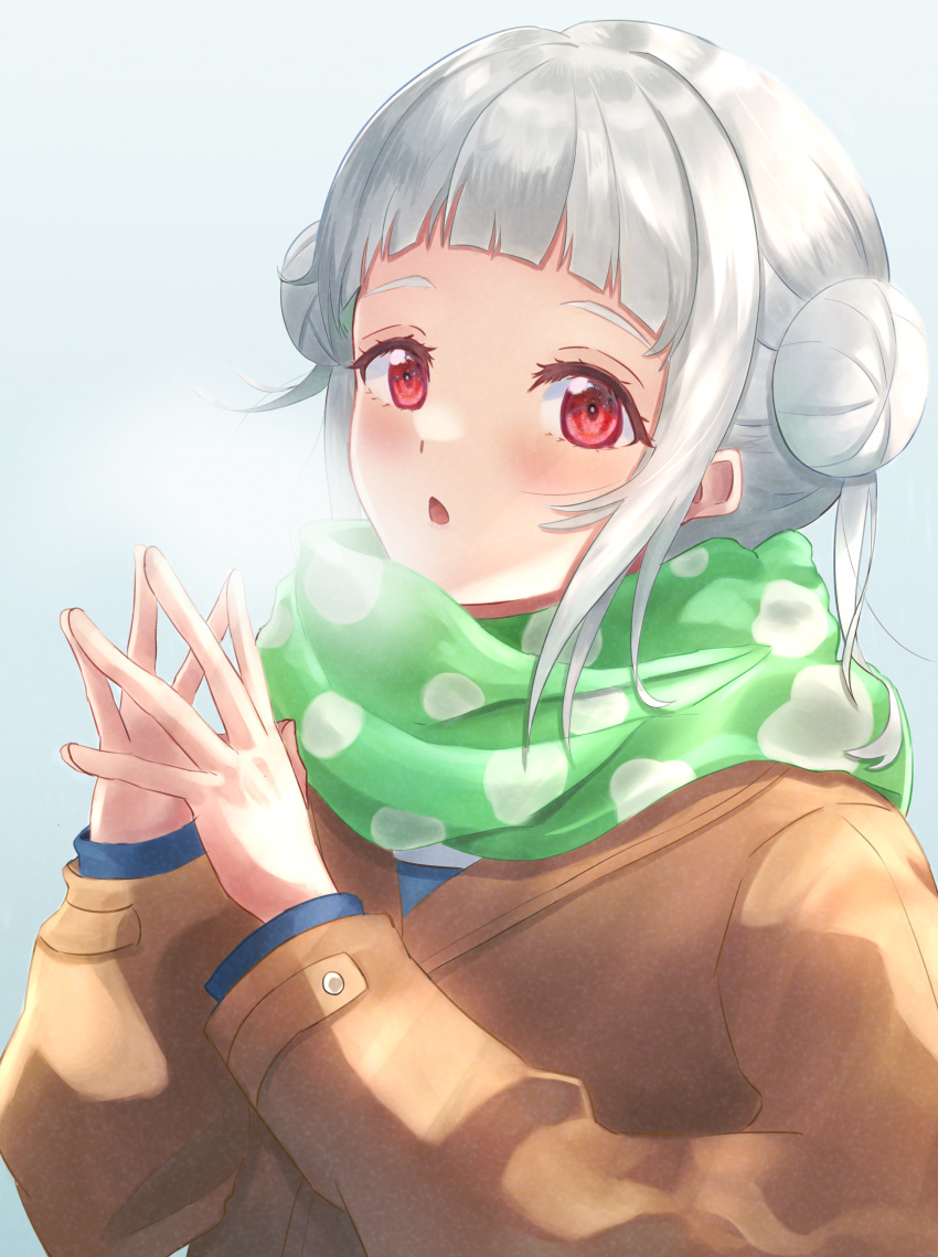 1girl absurdres arashi_chisato bangs blunt_bangs bow brown_coat chestnut_mouth coat green_scarf hair_bow highres ina_ina_rina long_sleeves love_live! love_live!_superstar!! open_mouth red_eyes scarf shiny shiny_hair short_hair solo upper_body white_hair