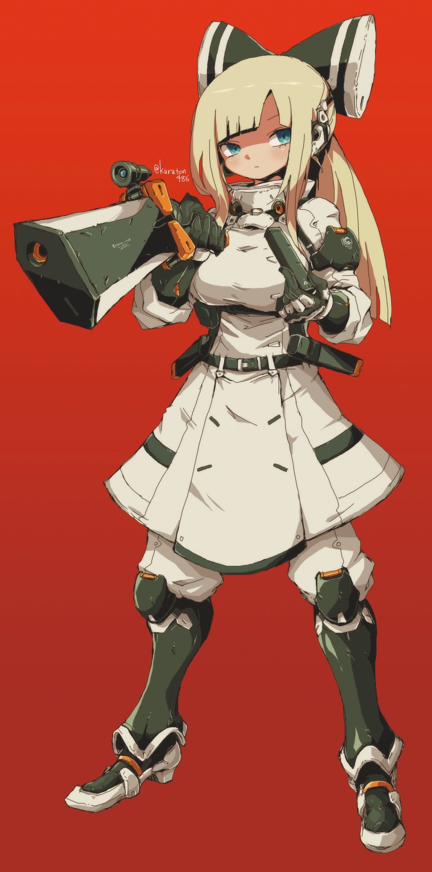 1girl absurdres black_bow black_footwear blonde_hair blue_eyes boots bow breasts gun hair_bow head_tilt highres holding holding_gun holding_magazine_(weapon) holding_weapon jacket knee_boots kuruton486 large_breasts long_hair looking_at_viewer original pants red_background reloading scope solo weapon white_jacket white_pants