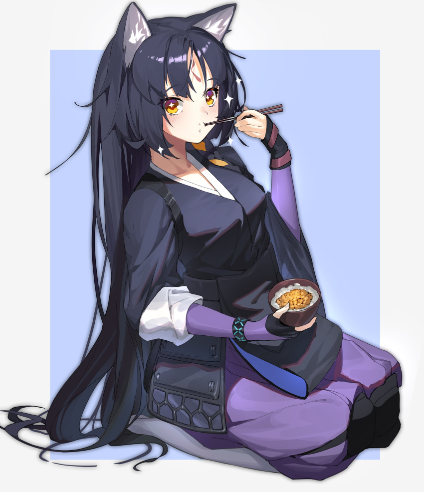 1girl absurdres animal_ears arknights armor bangs black_gloves black_hair black_kimono blue_background blush border bowl bracelet closed_eyes dog_ears eating facial_mark fingerless_gloves food food_on_face forehead_mark full_body gloves highres holding holding_bowl infection_monitor_(arknights) japanese_clothes jewelry kimono knee_pads long_hair long_sleeves looking_at_viewer mo_ying_yu outside_border pants parted_bangs purple_pants saga_(arknights) seiza simple_background single_glove sitting solo sparkle very_long_hair white_border white_legwear